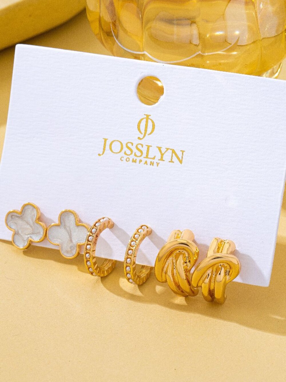 JOSSLYN Gold-tone Clover Pearl Huggie Hoop Earring Trio Set